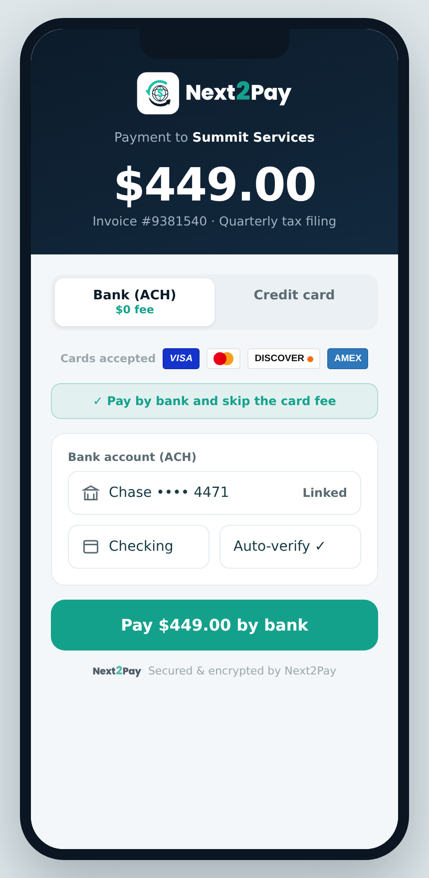 Next2Pay customer pay page on mobile